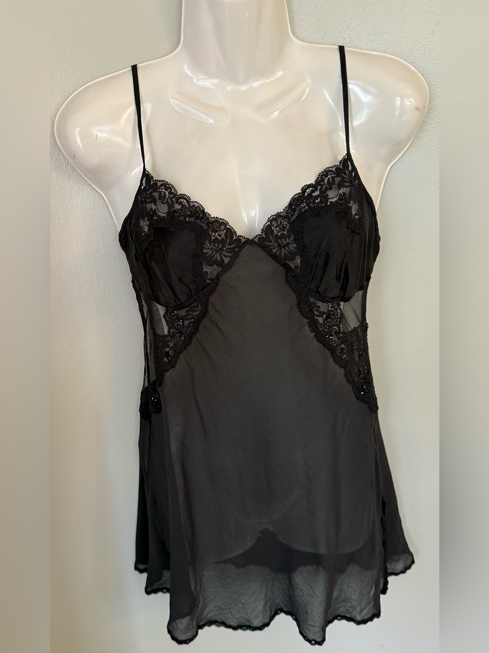 2002 Y2K Victoria’s Secret 100% Silk Black Slip Dress M 8 10 Sequins Semi Sheer